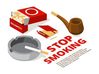 Concept illustrations of stop smoking theme. Various isometric pictures of tools for smokers