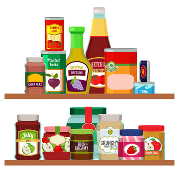 Supermarket foods. Grocery items on shelves
