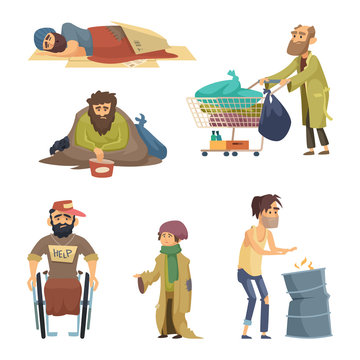 Unhappy dirty poor and desperate peoples. Vector characters set