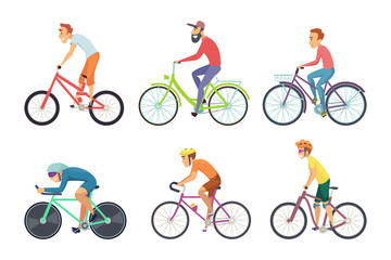 Fototapeta premium Set of bicycle sportsmen. Cartoon characters driving various bikes