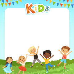 Background cartoon illustration with different kids and empty place for your text