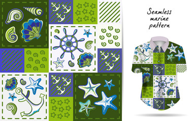 Nautical marine patchwork seamless pattern with shells, starfish, anchor and wheel. Patchwork background with sea life used on t-shirt mockup