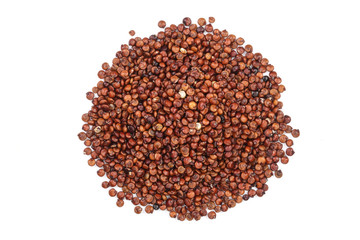 red quinoa seeds isolated on white background. Top view