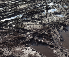 Mud and puddles on the dirt road