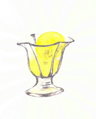 Drawing with watercolor paints: a glass crock with yellow ice cream.