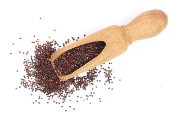 Black quinoa seeds in wooden scoop isolated on white background. Top view