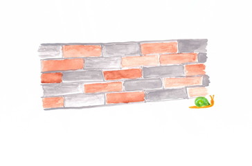 Drawing with watercolors: the snail crawls along the brick fence.