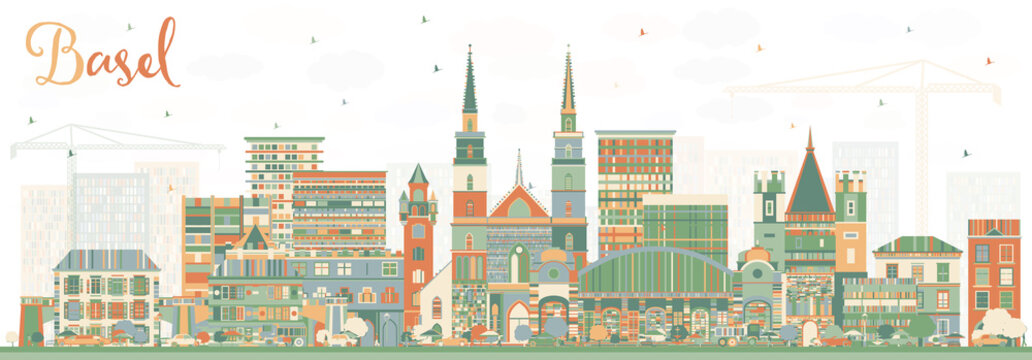 Basel Switzerland City Skyline with Color Buildings.