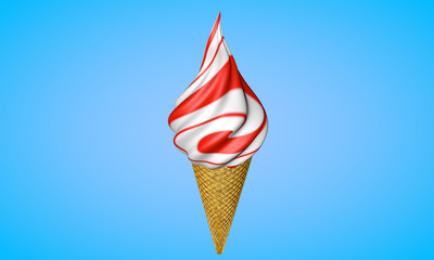 Highly detailed delicious  strawberry ice cream in a waffle cone.on blue background