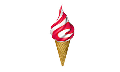 Highly detailed delicious  strawberry ice cream in a waffle cone on white background
