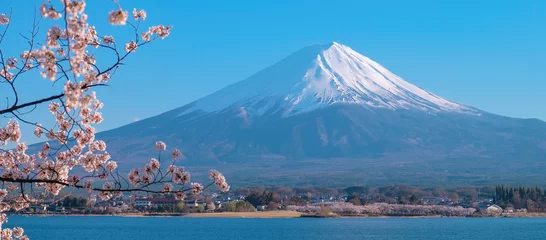 Crédence de cuisine en verre imprimé Mont Fuji Le mont Fuji avec des sommets enneigés, un ciel bleu et une belle fleur de cerisier ou un arbre à fleurs rose Sakura au printemps au lac kawaguchiko, Yamanashi, au Japon. point de repère et populaire pour les attractions touristiques