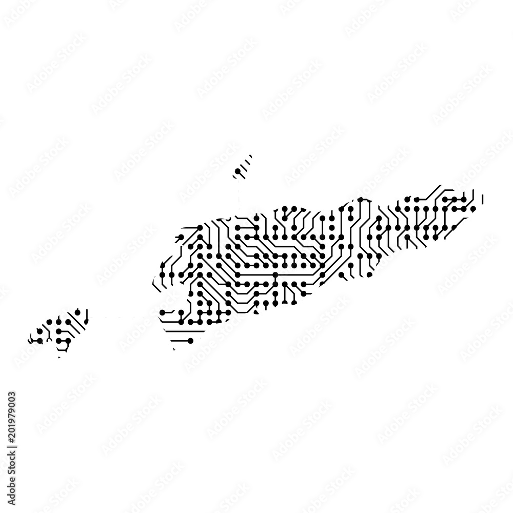 Poster abstract schematic map of east timor from the black printed board, chip and radio component of vecto