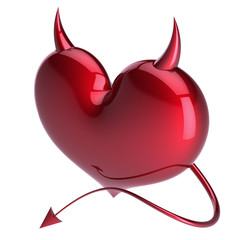 Devil heart red evil love abstract demon lover concept with horns and tail. Valentine's Day greeting card design element. 3d illustration isolated
