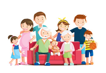 Warm big family portrait with isolated white background. Grandfather, grandmother and baby sitting on the sofa at home.