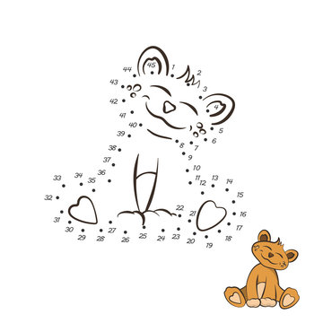 Dot to dot game. Educational number puzzle for kids. Animals of zoo. Baby lion in cartoon style. Isolated cute character. Vector illustration