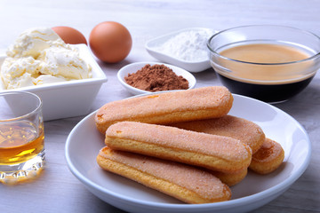 ingredient for homemade tiramisu cake in close up.
