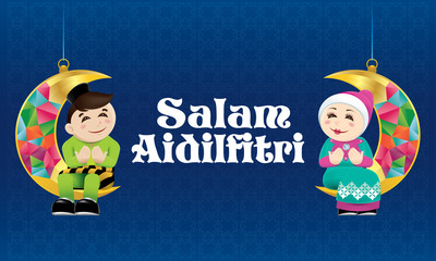 Muslim boy and a girl sitting on a hanging moon, celebrating Raya festival, with Malay style pattern background.