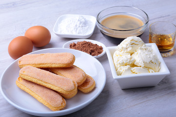 ingredient for homemade tiramisu cake in close up.