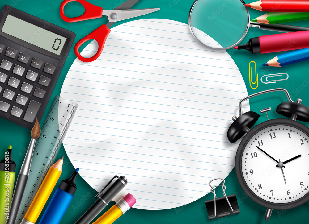 Poster back to school vector background template with education elements, school items and empty whites spa
