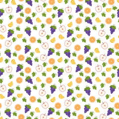 Seamless pattern of grapes, orange, lemon, apple, leaves. Vector illustration
