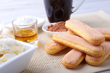 ingredient for homemade tiramisu cake in close up.