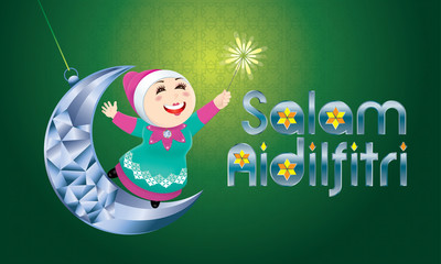 Fototapeta premium A Muslim girl playing fireworks on a swinging moon, with Malay pattern background. The words 