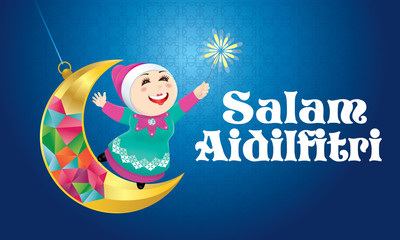 Naklejka premium A Muslim girl playing fireworks on a swinging moon, with Malay pattern background. The words 