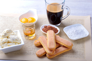 ingredient for homemade tiramisu cake in close up.