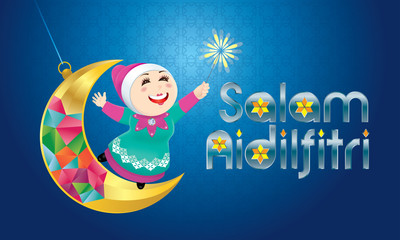 Fototapeta premium A Muslim girl playing fireworks on a swinging moon, with Malay pattern background. The words 