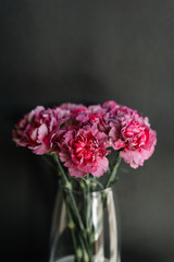 beautiful carnation flowers in a vase on a table . Bouquet of violet, purple and pink multicolor flower. Decoration of home. Wallpaper and background. Vertical photo