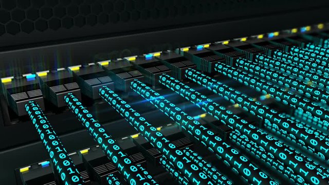 3D animation of Binary data transferring on UTP cables plugged in to network switch. Status LEDs and optical flares flashes on a network equipment and stream of data moving, seamless loop