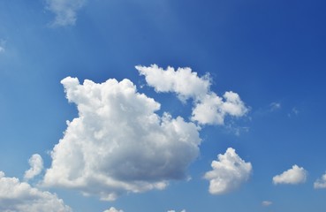 Naklejka na ściany i meble Bright cloud like rabbit on beautiful blue sky,Fluffy clouds formations 