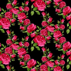Rolgordijnen Seamless floral pattern with pink roses on a black background © Yulia Ogneva