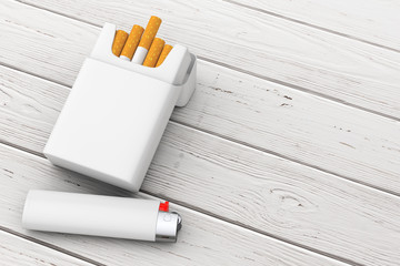 White Pocket Lighter near Mockup Blank Cigarettes Pack. 3d Rendering