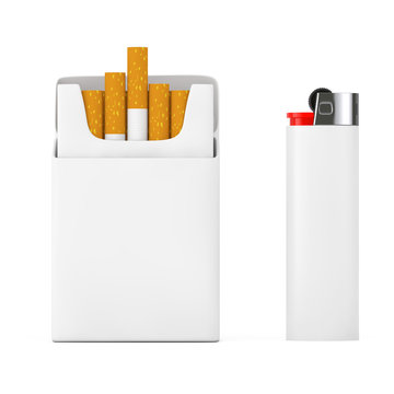 White Pocket Lighter near Mockup Blank Cigarettes Pack. 3d Rendering