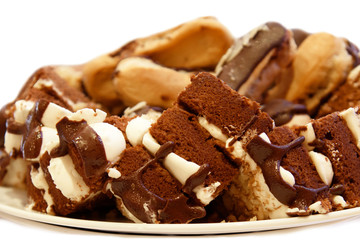 Chocolate cakes close up. Sweet delicious dessert pastry.   