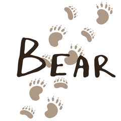 The paw print of a bear. Brown trail. Wildlife. Vintage vector illustration. Calligraphy handwritten text.