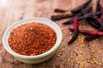Close up of  Cayenne pepper in bowl on wooden background