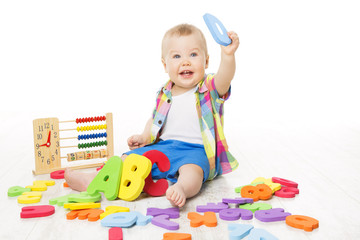 Baby Alphabet and Math Toys, Child Playing Abacus and ABC Letters, Kid sit over White background, Early Education concept