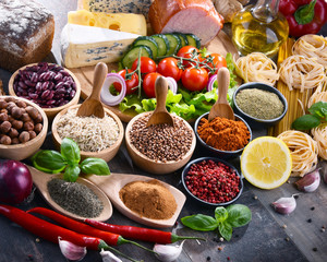 Composition with assorted organic food products on the table