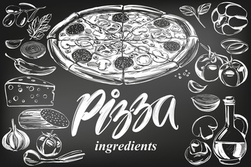 Italian pizza , collection of pizza with ingredients, logo, hand drawn vector illustration realistic sketch , drawn in chalk on a black board