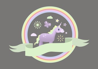 Unicorn illustration with banner in rainbow circle