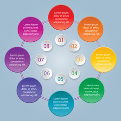 Colorful Metallic Circle With Business Icon and Information Text, 8 Options, Financial and Business Infographic, Workflow/Element Layout Design. Vector Illustration