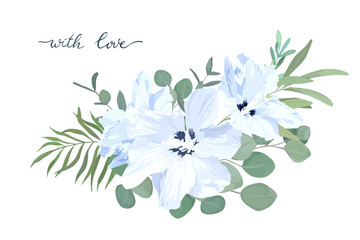 Floral card with hibiscus and eucalyptus. Wedding Invitation, save the date, rsvp, invite. Vector illustration. Celebration template. Watercolor style