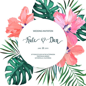 Floral set with hibiscus. Wedding Invitation, save the date, rsvp, invite card. Vector illustration. Celebration template. Watercolor style