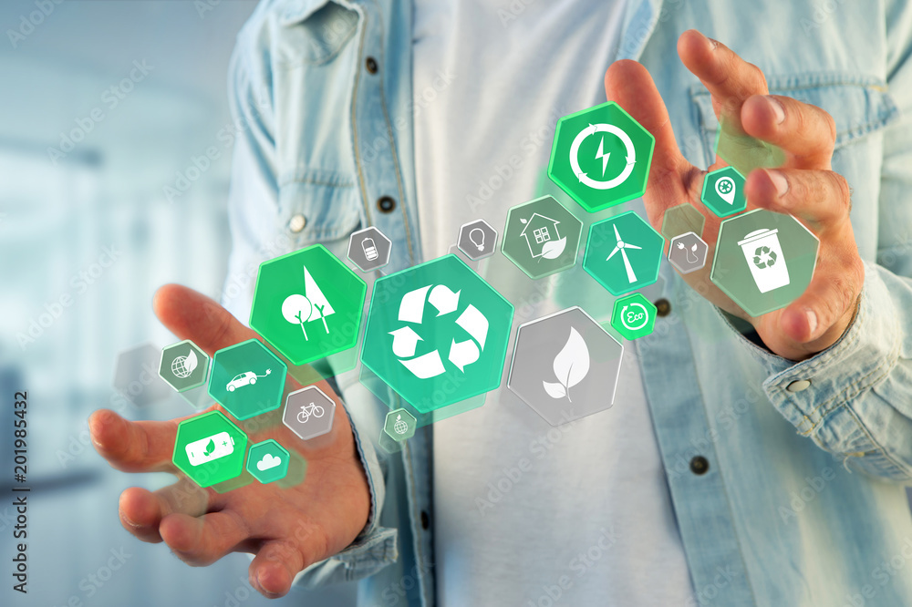 Poster technology ecologic interface with icon displayed on a futuristic interface