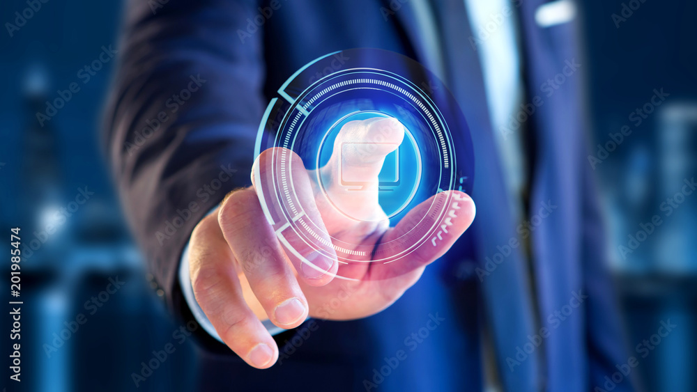 Poster businessman holding a shinny technologic computer button - 3d render