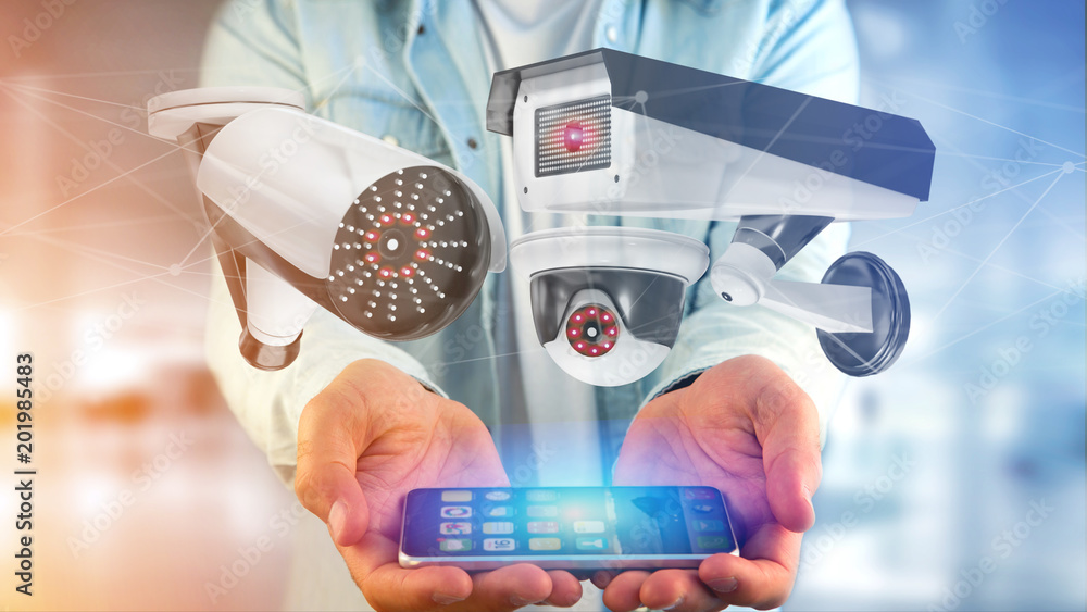 Poster businessman using a smartphone with a security camera system and network connection - 3d rendering