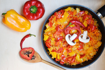 Vegetable platter in a frying pan, top view.