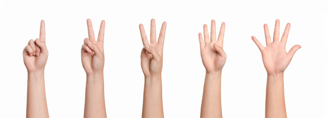 Young woman hand counting from one to five isolated on white background.